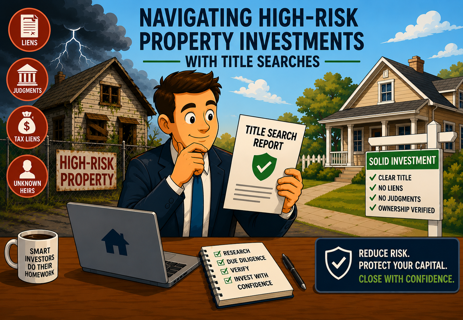 An investor reviewing a property title search report to identify liens and judgments for a safe real estate investment.