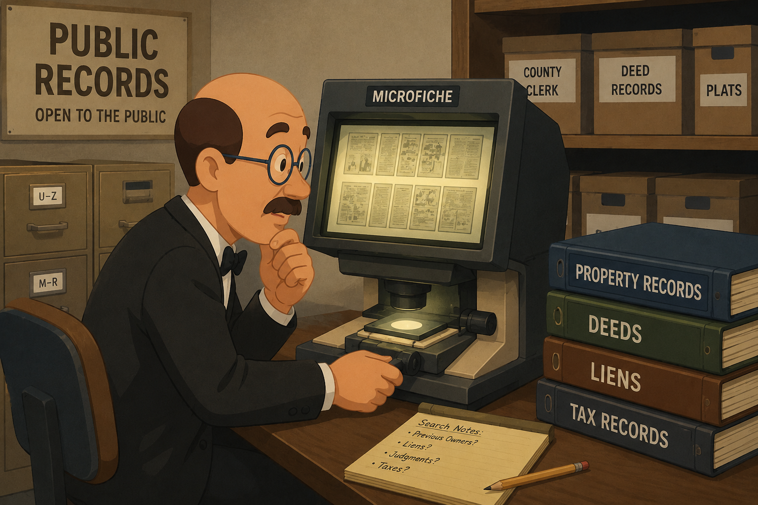 A man researches property records and deeds using a microfiche machine in a public records office.