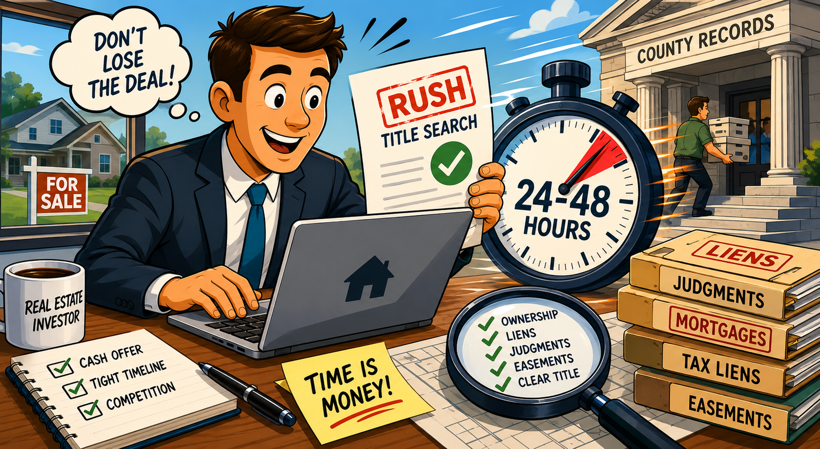 Real estate investor performing a rush property title search for liens and mortgages near a county records building.