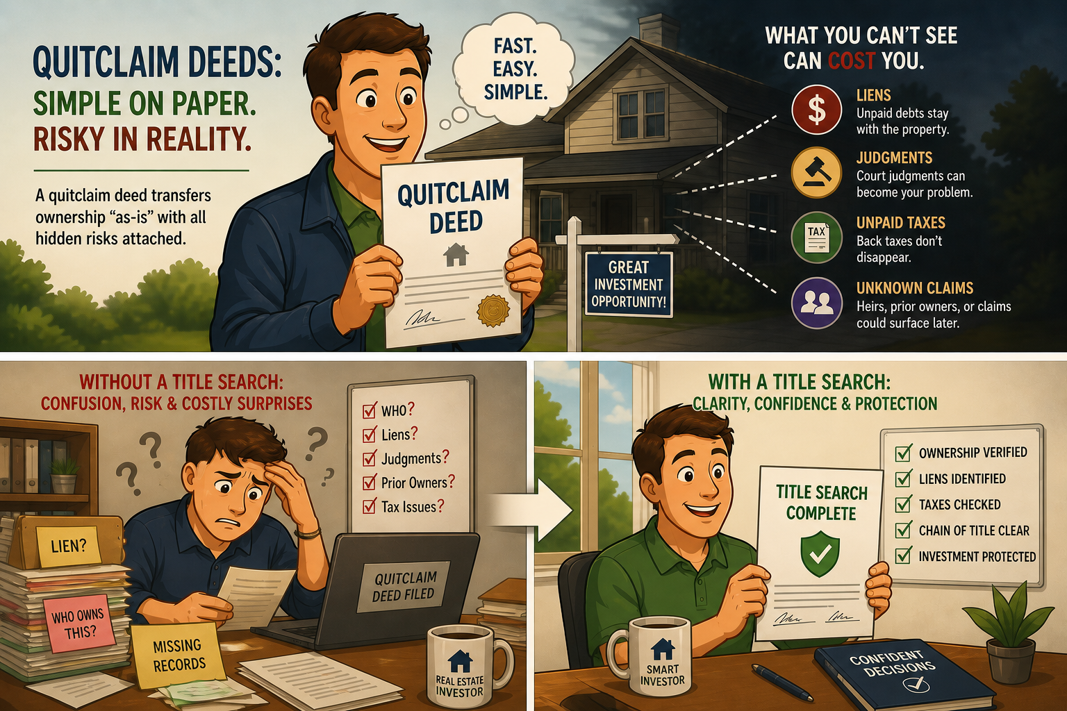 Buying a property using a quitclaim deed can be risky. A title search helps investors avoid liens.