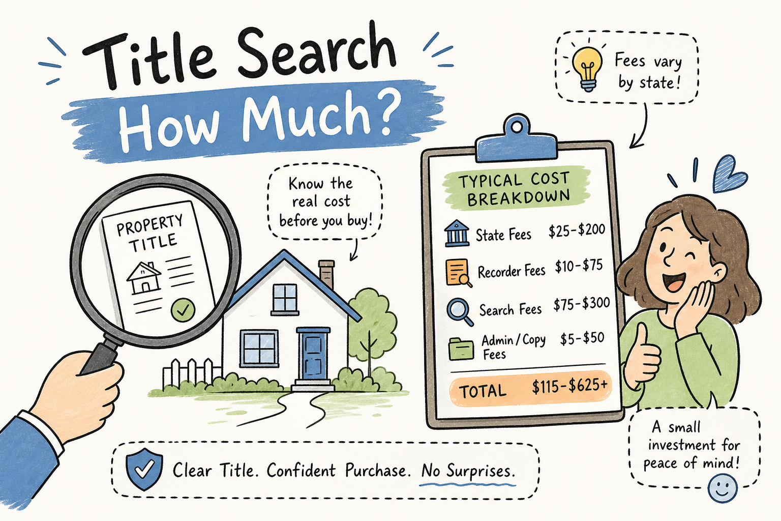 Infographic showing title search cost breakdown with typical state, recorder, and search fees.