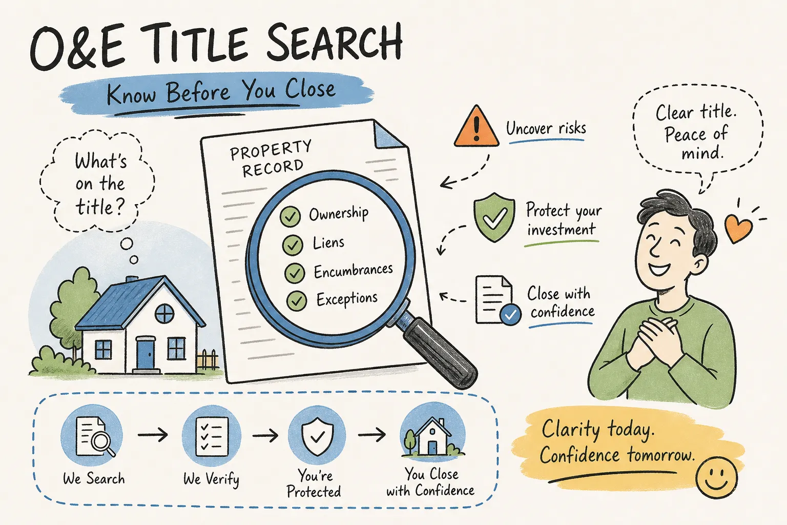 An infographic explaining O&E title search services to uncover property liens and ownership records.