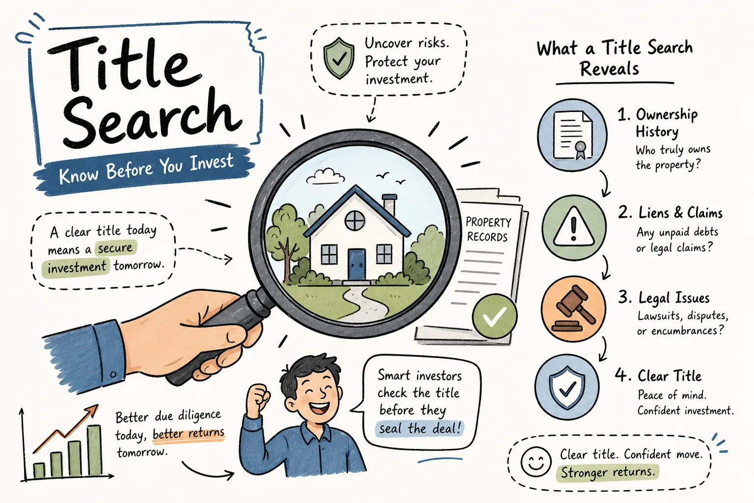 Infographic explaining property title search importance including ownership history, liens, and legal claims.