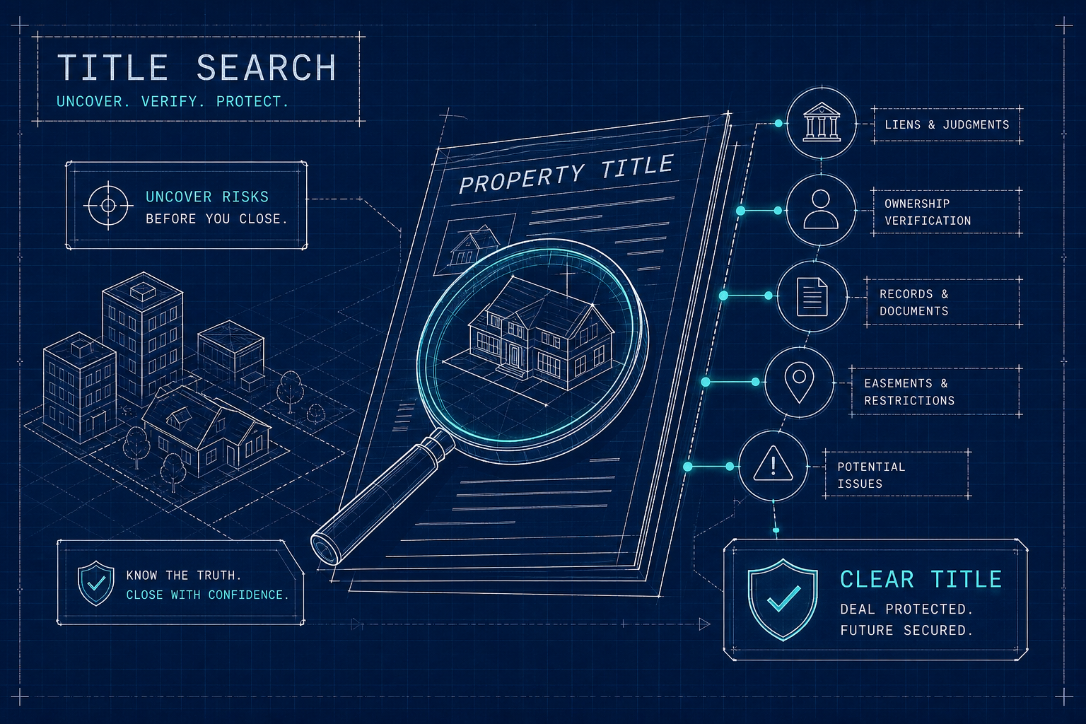 A blue digital property title search infographic showing real estate verification icons and a magnifying glass over house