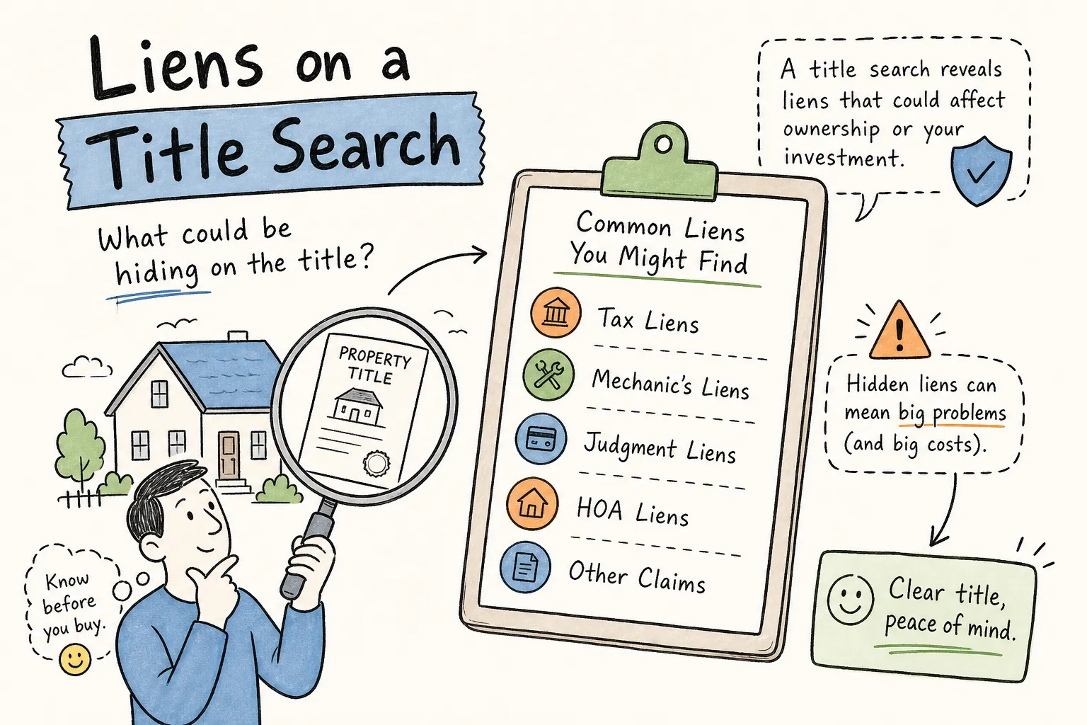 An infographic explaining common property liens on a title search, including tax, mechanic, and HOA liens.